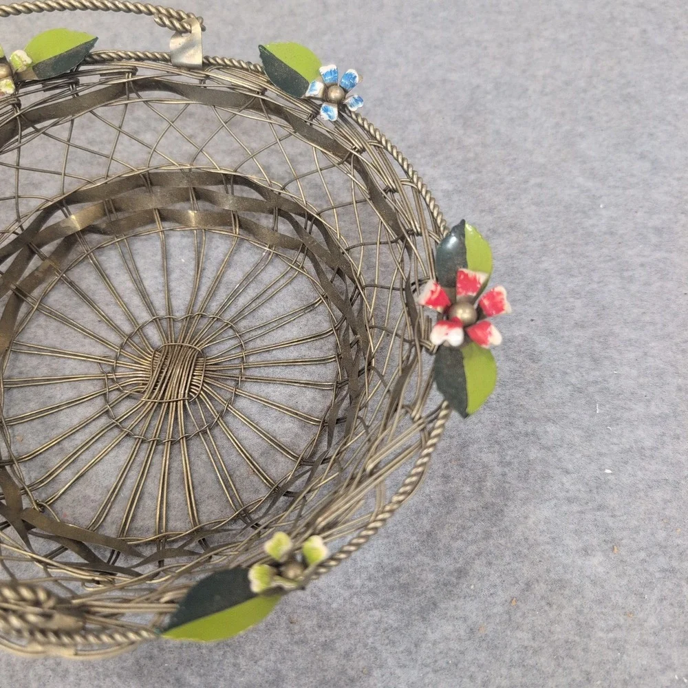 Vintage Silver Tone Woven‎ Wire Basket with Enameled Flowers and Swing Handle